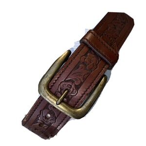 Tooled Leather Belt‎ Brown Disneyland Western Style Brass Buckle 1960 VTG